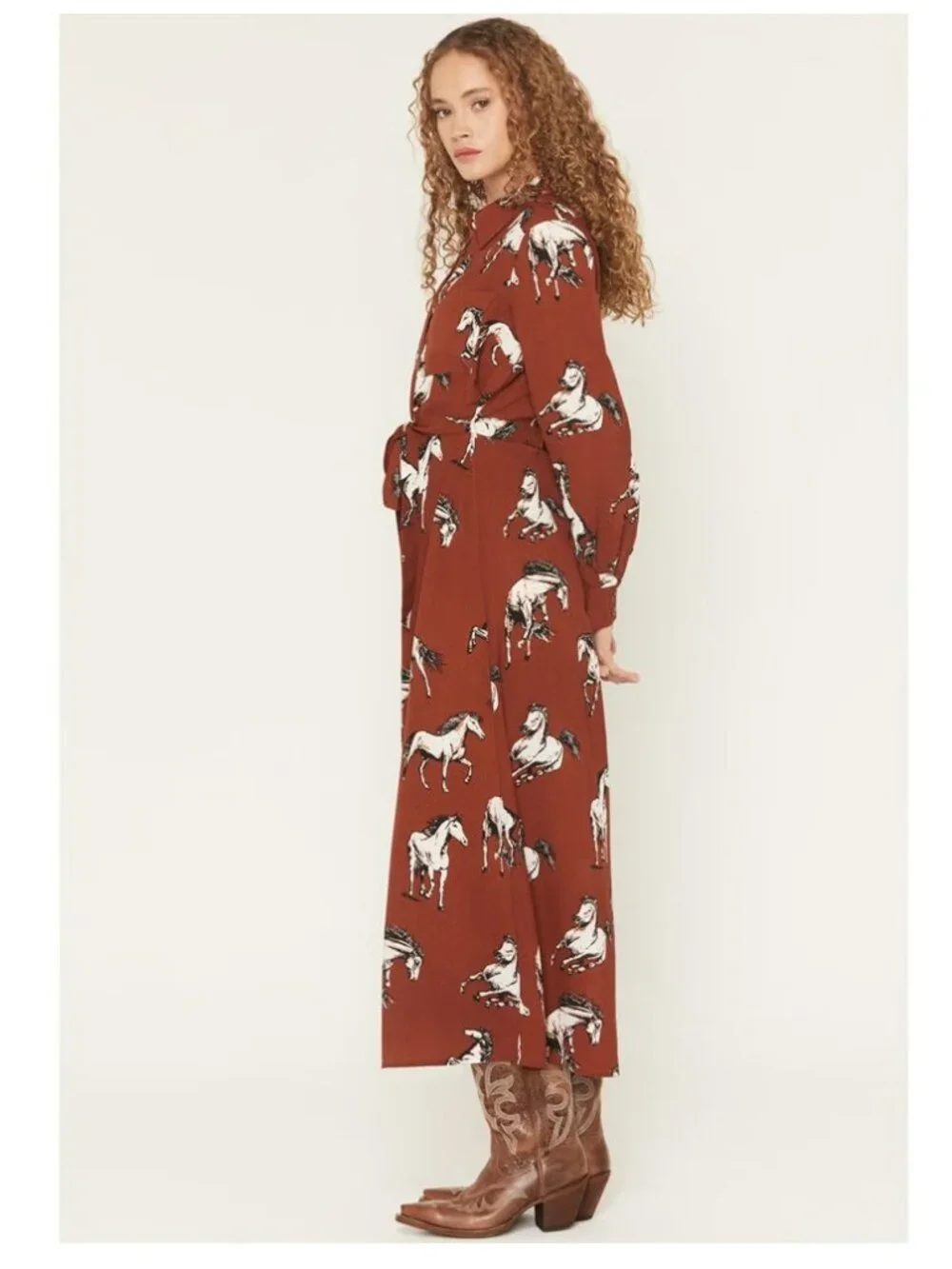 Cotton & Rye Brown White Horse Print Waist Tie Midi Dress Sz L